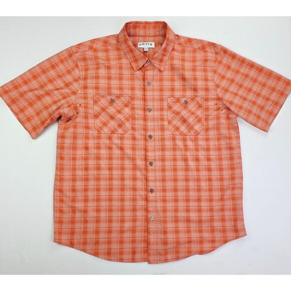 Orvis Size XL Mens Orange Tan Check Short Sleeve Embroidered Pocket Logo Shirt - Picture 5 of 13